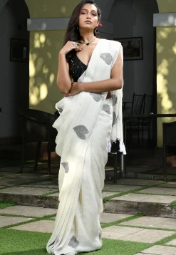 Handloom Jamdani Pure Linen Saree in Off White