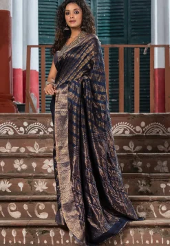 Handloom Jamdani Pure Matka Silk Saree in Navy blue