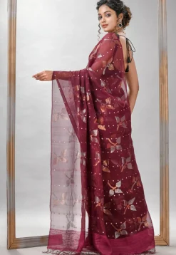 Handloom Jamdani Pure Matka Silk Saree in Wine