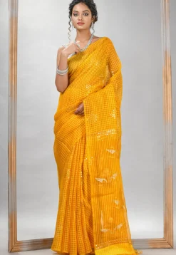 Handloom Jamdani Pure Matka Silk Saree in Dark Yellow