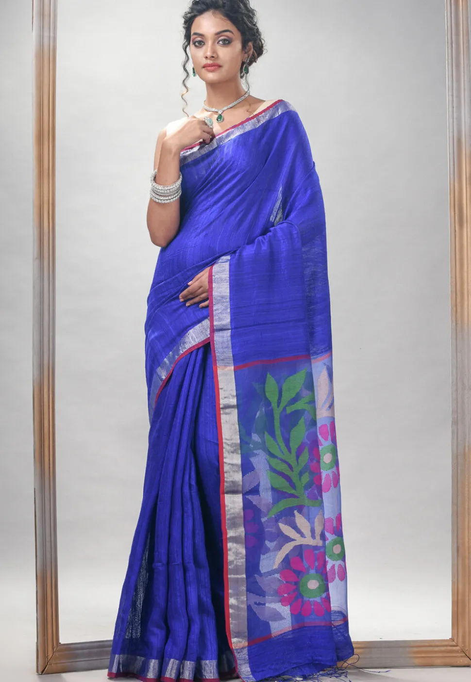 Handloom Jamdani Pure Matka Silk Saree in Royal Blue