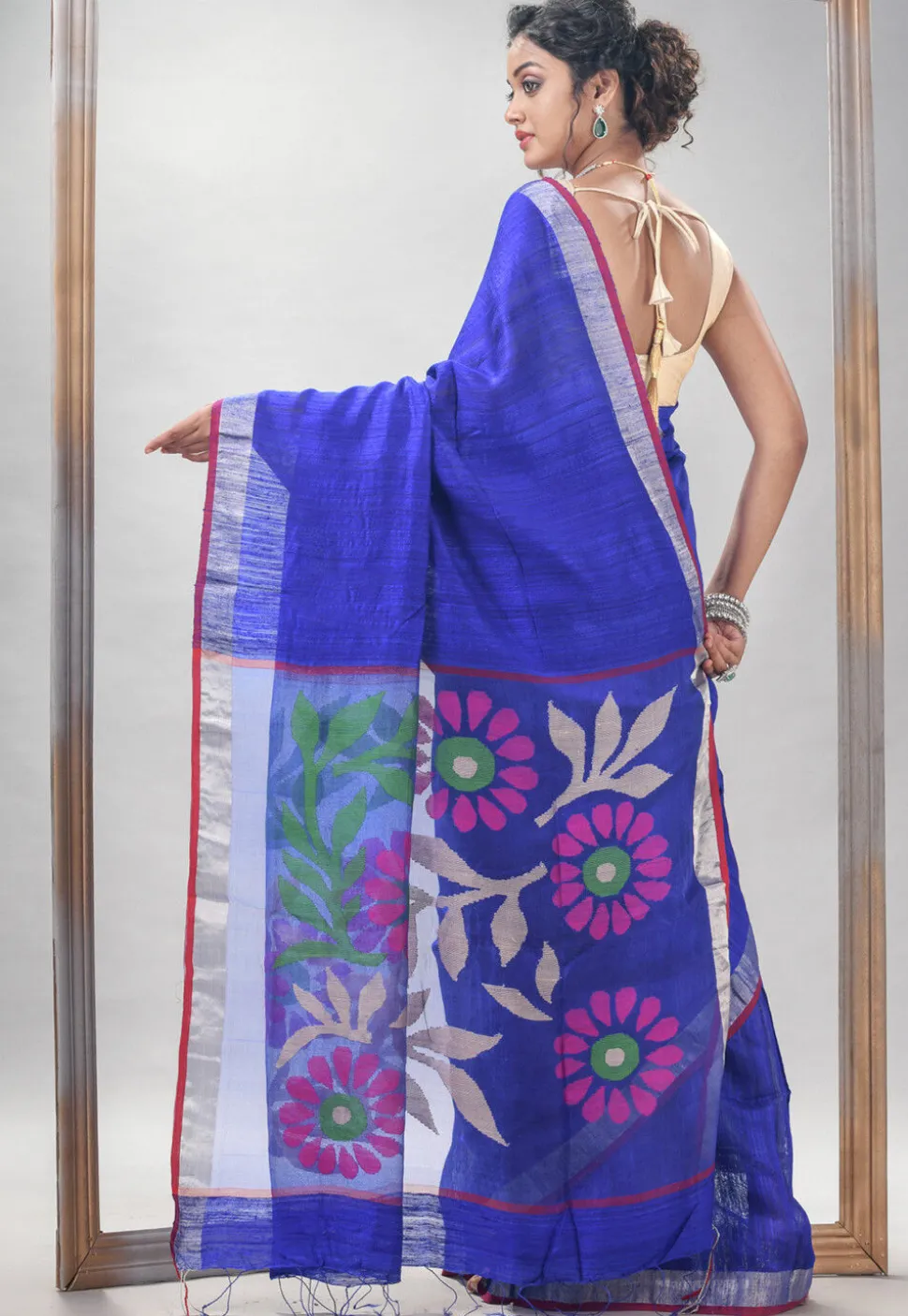 Handloom Jamdani Pure Matka Silk Saree in Royal Blue