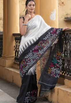 Handloom Jamdani Pure Matka Silk Saree in Off White and Black