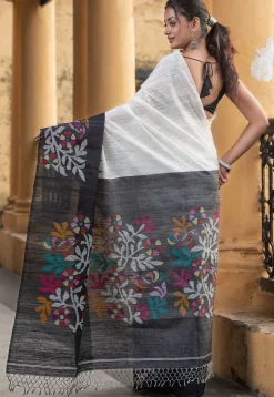 Handloom Jamdani Pure Matka Silk Saree in Off White and Black