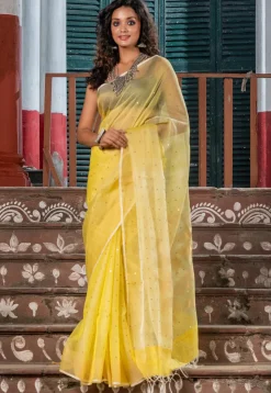 Handloom Jamdani Pure Matka Silk Saree in Light Yellow