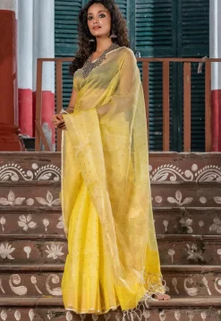 Handloom Jamdani Pure Matka Silk Saree in Light Yellow