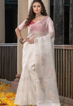 Handloom Jamdani Pure Matka Silk Saree in Off White