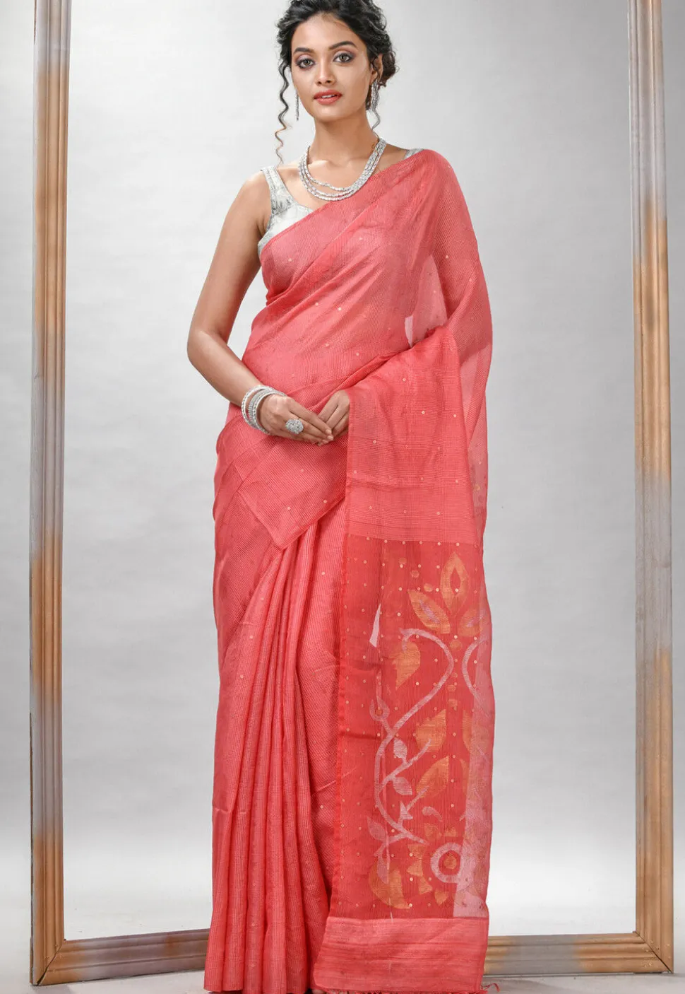 Handloom Jamdani Pure Matka Silk Saree in Peach Orange