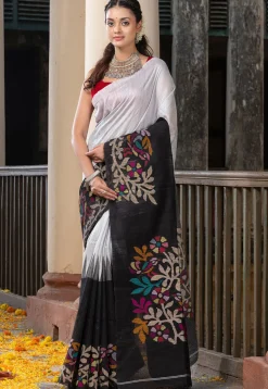 Handloom Jamdani Pure Matka Silk Saree in Off White and Black