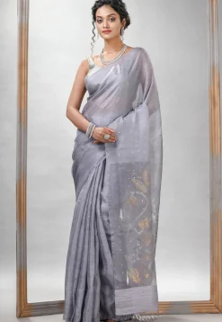 Handloom Jamdani Pure Matka Silk Saree in Light Grey