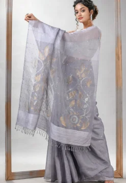 Handloom Jamdani Pure Matka Silk Saree in Light Grey