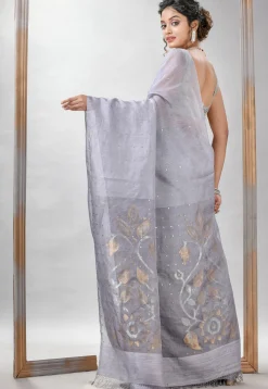 Handloom Jamdani Pure Matka Silk Saree in Light Grey