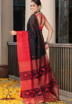 Handloom Jamdani Pure Matka Silk Saree in Black