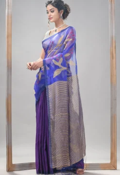 Handloom Jamdani Pure Matka Silk Saree in Royal Blue and Purple