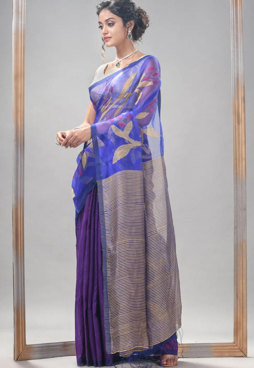 Handloom Jamdani Pure Matka Silk Saree in Royal Blue and Purple