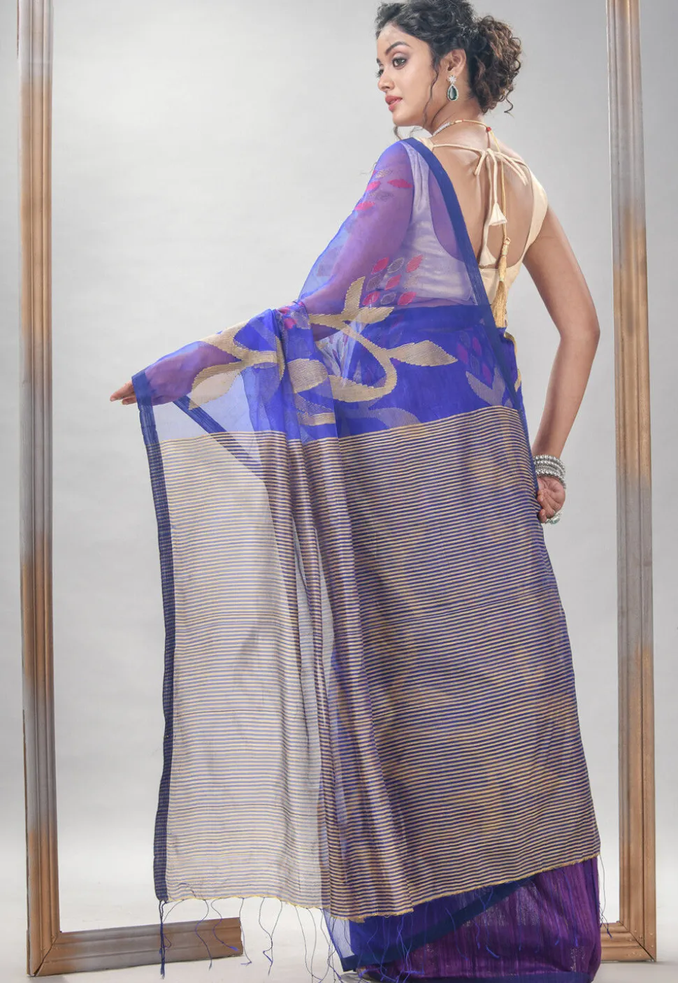 Handloom Jamdani Pure Matka Silk Saree in Royal Blue and Purple