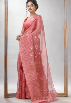 Handloom Jamdani Pure Matka Silk Saree in Dark Peach