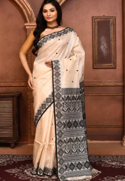 Handloom Jamdani Pure Tussar Silk Saree in Cream