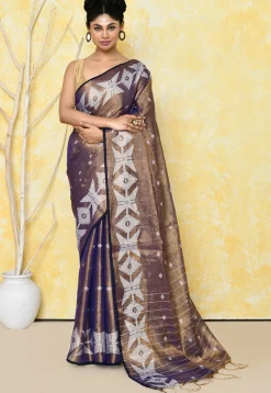 Handloom Jamdani Tissue Silk Saree in Golden and Purple