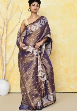 Handloom Jamdani Tissue Silk Saree in Golden and Purple