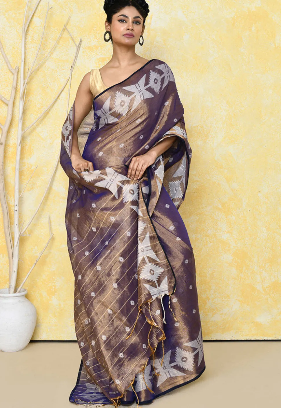 Handloom Jamdani Tissue Silk Saree in Golden and Purple