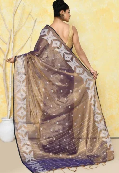 Handloom Jamdani Tissue Silk Saree in Golden and Purple