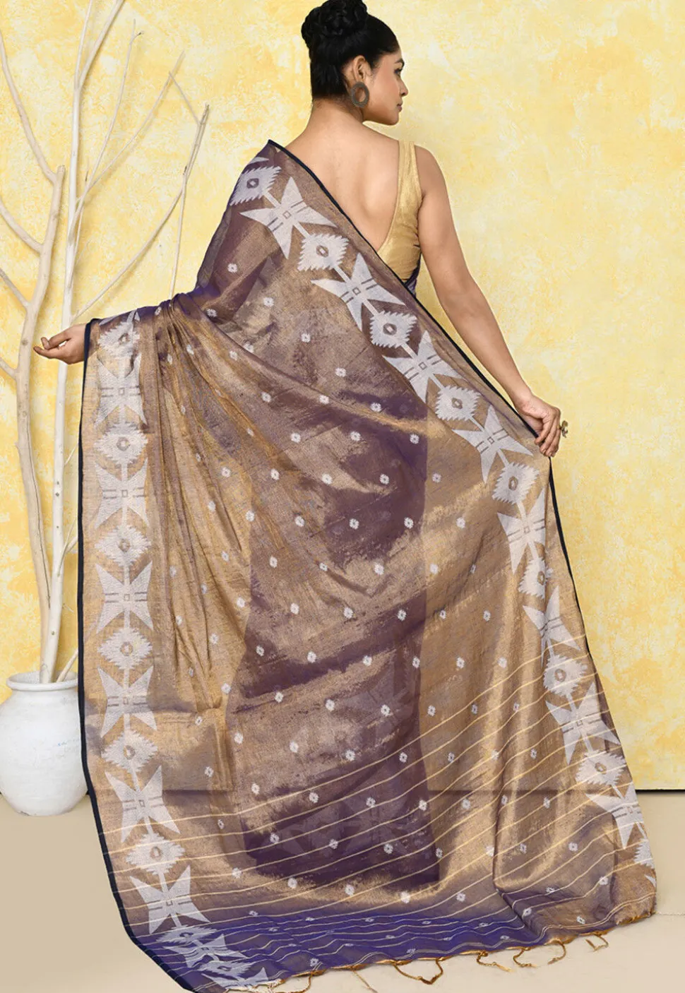 Handloom Jamdani Tissue Silk Saree in Golden and Purple