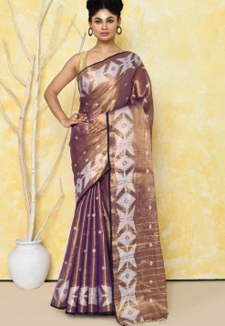 Handloom Jamdani Tissue Silk Saree in Golden and Purple