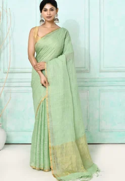 Handloom Linen Silk Saree in Light Green