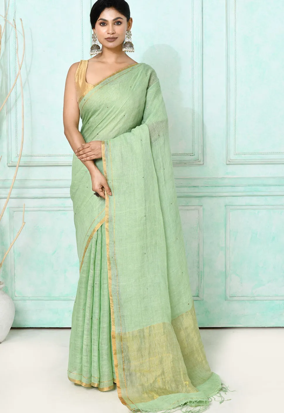 Handloom Linen Silk Saree in Light Green