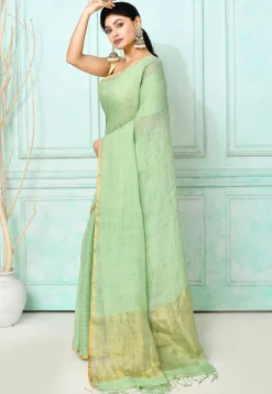 Handloom Linen Silk Saree in Light Green