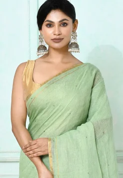Handloom Linen Silk Saree in Light Green
