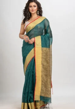 Handloom Linen Silk Saree in Dark Teal Blue
