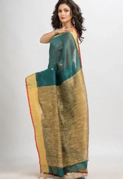 Handloom Linen Silk Saree in Dark Teal Blue