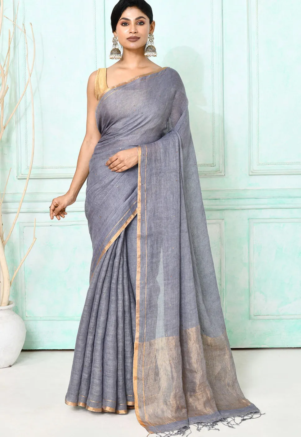 Handloom Linen Silk Saree in Grey