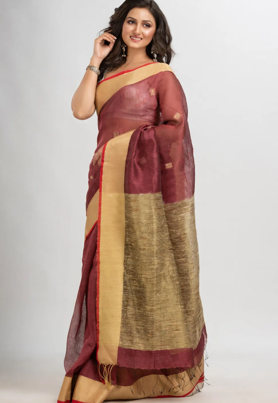 Handloom Linen Silk Saree in Old Rose