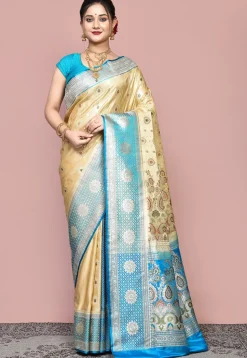 Handloom Pure Banarasi Katan Silk Saree in Beige and Blue