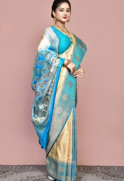 Handloom Pure Banarasi Katan Silk Saree in Beige and Blue