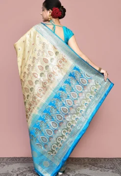 Handloom Pure Banarasi Katan Silk Saree in Beige and Blue