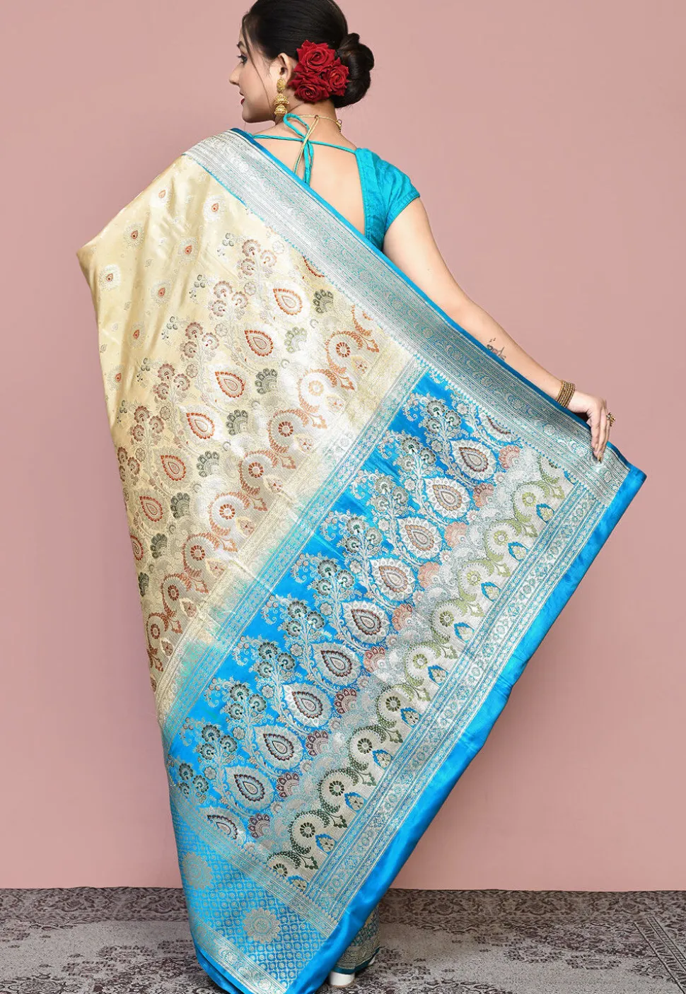 Handloom Pure Banarasi Katan Silk Saree in Beige and Blue