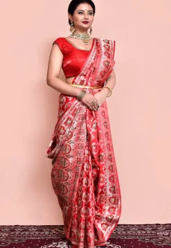 Handloom Pure Banarasi Katan Silk Saree in Coral Pink