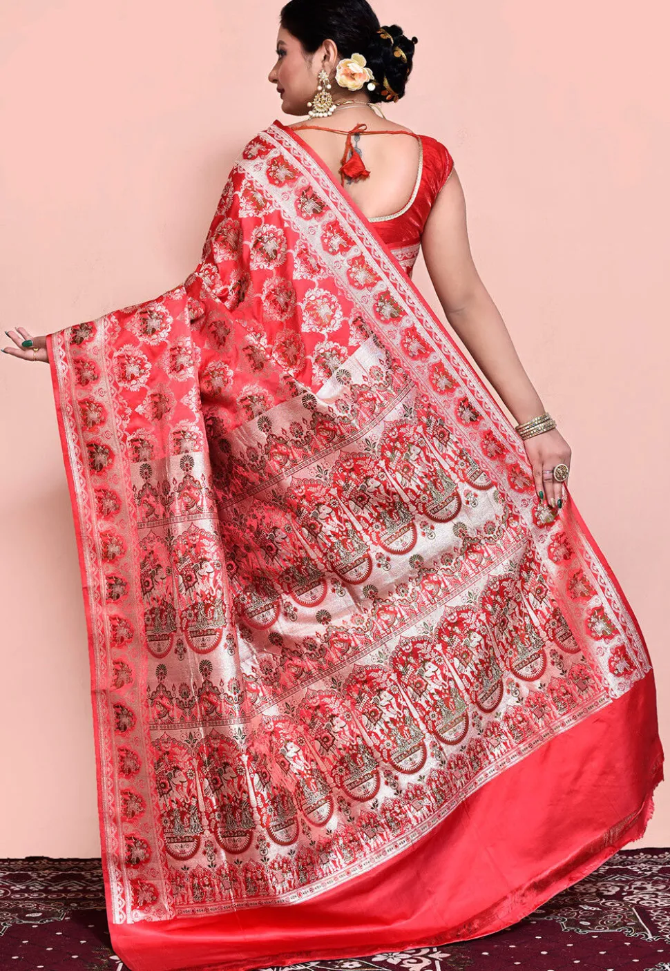 Handloom Pure Banarasi Katan Silk Saree in Coral Pink