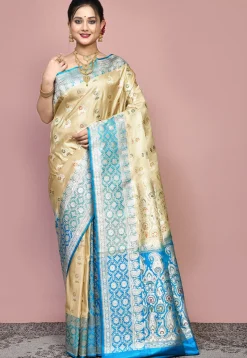 Handloom Pure Banarasi Katan Silk Saree in Beige and Blue