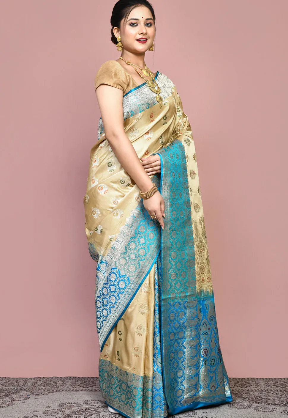 Handloom Pure Banarasi Katan Silk Saree in Beige and Blue