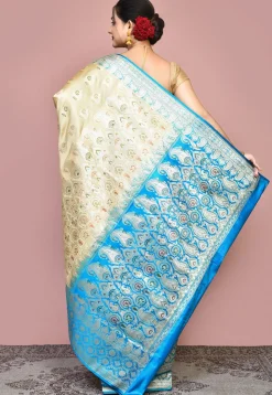 Handloom Pure Banarasi Katan Silk Saree in Beige and Blue
