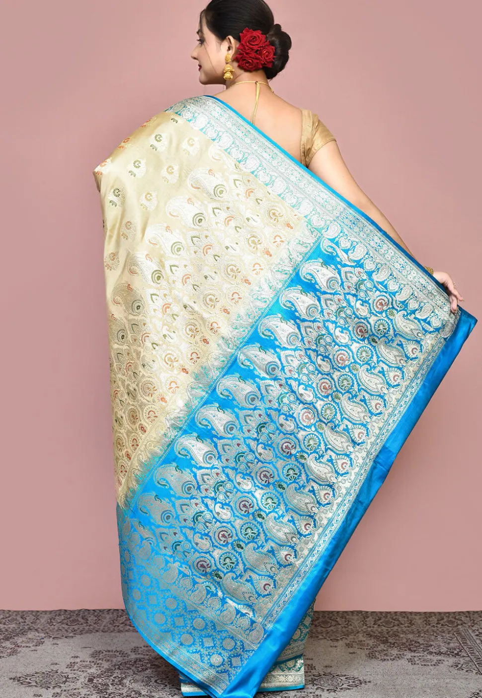 Handloom Pure Banarasi Katan Silk Saree in Beige and Blue