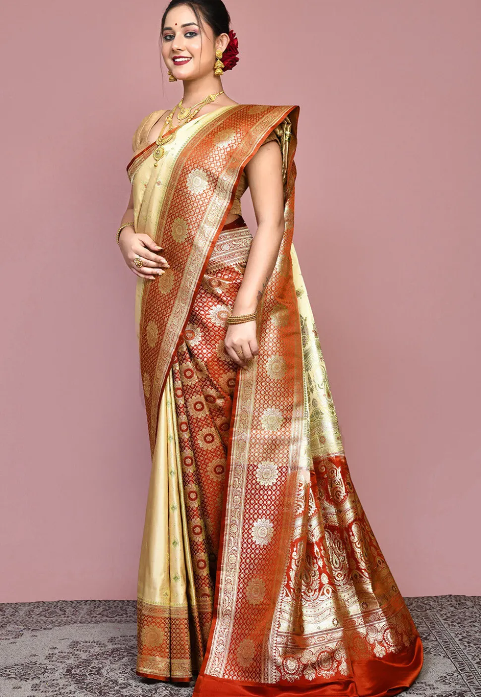 Handloom Pure Banarasi Katan Silk Saree in Beige