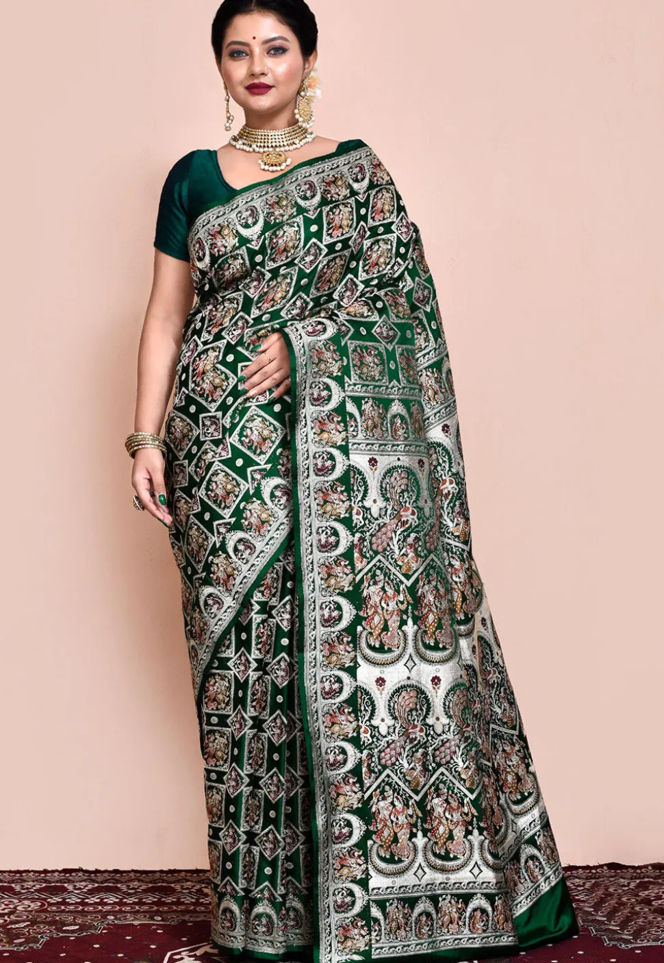 Handloom Pure Banarasi Katan Silk Saree in Dark Green