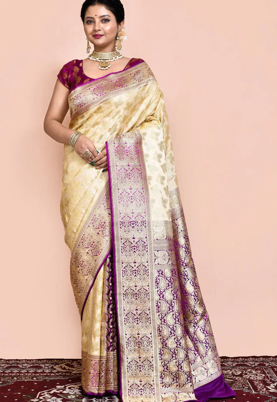 Handloom Pure Banarasi Katan Silk Saree in Beige and Violet