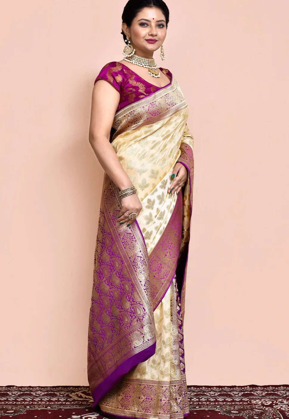 Handloom Pure Banarasi Katan Silk Saree in Beige and Violet